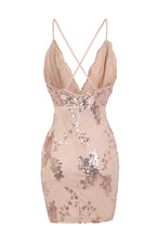 Load image into Gallery viewer, NAZZ COLLECTION NO LIMIT ROSE GOLD NUDE PLUNGE FLORAL SEQUIN DOUBLE THIGH SLIT MINI DRESS