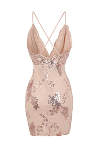 NAZZ COLLECTION NO LIMIT ROSE GOLD NUDE PLUNGE FLORAL SEQUIN DOUBLE THIGH SLIT MINI DRESS
