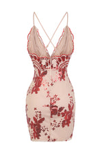 Load image into Gallery viewer, NAZZ COLLECTION NO LIMIT RED NUDE PLUNGE FLORAL SEQUIN DOUBLE THIGH SLIT MINI DRESS