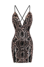 Load image into Gallery viewer, NAZZ COLLECTION NO LIMIT BLACK ROSE GOLD PLUNGE FLORAL SEQUIN DOUBLE THIGH SLIT MINI DRESS