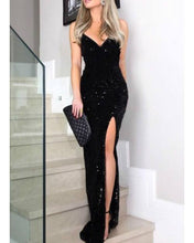 Load image into Gallery viewer, NAZZ COLLECTION SIREN BLACK PLUNGE GOLD SEQUIN TASSEL FRINGE THIGH SLIT FISHTAIL DRESS