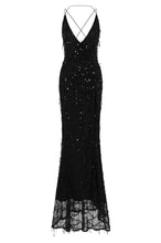 Load image into Gallery viewer, NAZZ COLLECTION SIREN BLACK PLUNGE GOLD SEQUIN TASSEL FRINGE THIGH SLIT FISHTAIL DRESS