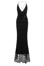 Load image into Gallery viewer, NAZZ COLLECTION SIREN BLACK PLUNGE GOLD SEQUIN TASSEL FRINGE THIGH SLIT FISHTAIL DRESS