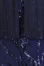 Load image into Gallery viewer, NAZZ COLLECTION PROMISES NAVY LUXE SWEETHEART TASSEL FRINGE SEQUIN BODYCON DRESS