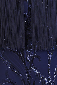NAZZ COLLECTION PROMISES NAVY LUXE SWEETHEART TASSEL FRINGE SEQUIN BODYCON DRESS