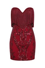 Load image into Gallery viewer, NAZZ COLLECTION PROMISES BERRY LUXE SWEETHEART TASSEL FRINGE SEQUIN BODYCON DRESS