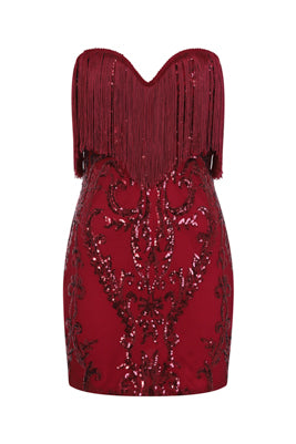 NAZZ COLLECTION PROMISES BERRY LUXE SWEETHEART TASSEL FRINGE SEQUIN BODYCON DRESS