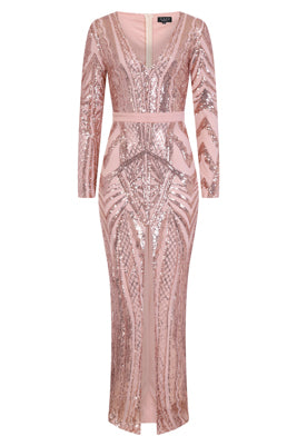 NAZZ COLLECTION ELITE VIP ROSE GOLD NUDE SEQUIN ILLUSION MIDDLE SLIT MAXI DRESS