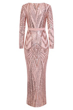 Load image into Gallery viewer, NAZZ COLLECTION ELITE VIP ROSE GOLD NUDE SEQUIN ILLUSION MIDDLE SLIT MAXI DRESS