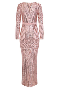 NAZZ COLLECTION ELITE VIP ROSE GOLD NUDE SEQUIN ILLUSION MIDDLE SLIT MAXI DRESS