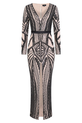 NAZZ COLLECTION ELITE VIP BLACK NUDE SEQUIN ILLUSION MIDDLE SLIT MAXI DRESS