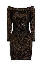 Load image into Gallery viewer, NAZZ COLLECTION ILIANA BLACK LUXE SEQUIN EMBELLISHED OFF THE SHOULDER DRESS