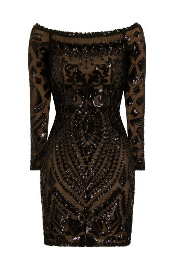 NAZZ COLLECTION ILIANA BLACK LUXE SEQUIN EMBELLISHED OFF THE SHOULDER DRESS