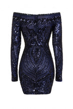 Load image into Gallery viewer, NAZZ COLLECTION ILIANA NAVY LUXE SEQUIN EMBELLISHED OFF THE SHOULDER DRESS