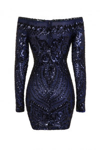 NAZZ COLLECTION ILIANA NAVY LUXE SEQUIN EMBELLISHED OFF THE SHOULDER DRESS