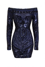 Load image into Gallery viewer, NAZZ COLLECTION ILIANA NAVY LUXE SEQUIN EMBELLISHED OFF THE SHOULDER DRESS