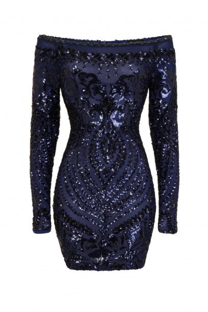 NAZZ COLLECTION ILIANA NAVY LUXE SEQUIN EMBELLISHED OFF THE SHOULDER DRESS