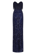 Load image into Gallery viewer, NAZZ COLLECTION RUNWAY NAVY LUXE SWEETHEART TASSEL FRINGE SEQUIN FISHTAIL DRESS