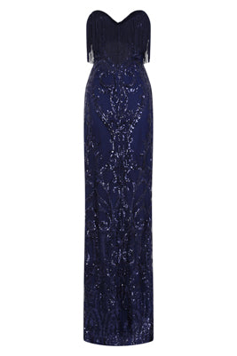 NAZZ COLLECTION RUNWAY NAVY LUXE SWEETHEART TASSEL FRINGE SEQUIN FISHTAIL DRESS