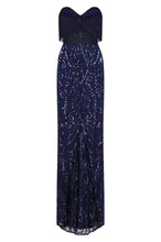 Load image into Gallery viewer, NAZZ COLLECTION RUNWAY NAVY LUXE SWEETHEART TASSEL FRINGE SEQUIN FISHTAIL DRESS