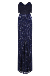 NAZZ COLLECTION RUNWAY NAVY LUXE SWEETHEART TASSEL FRINGE SEQUIN FISHTAIL DRESS