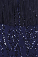 Load image into Gallery viewer, NAZZ COLLECTION RUNWAY NAVY LUXE SWEETHEART TASSEL FRINGE SEQUIN FISHTAIL DRESS