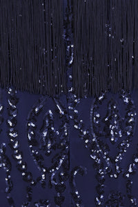 NAZZ COLLECTION RUNWAY NAVY LUXE SWEETHEART TASSEL FRINGE SEQUIN FISHTAIL DRESS