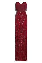 Load image into Gallery viewer, NAZZ COLLECTION RUNWAY BERRY LUXE SWEETHEART TASSEL FRINGE SEQUIN FISHTAIL DRESS