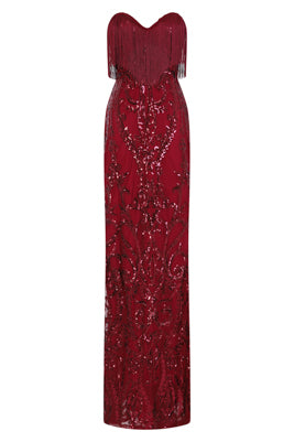 NAZZ COLLECTION RUNWAY BERRY LUXE SWEETHEART TASSEL FRINGE SEQUIN FISHTAIL DRESS