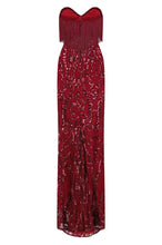 Load image into Gallery viewer, NAZZ COLLECTION RUNWAY BERRY LUXE SWEETHEART TASSEL FRINGE SEQUIN FISHTAIL DRESS