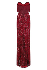 NAZZ COLLECTION RUNWAY BERRY LUXE SWEETHEART TASSEL FRINGE SEQUIN FISHTAIL DRESS