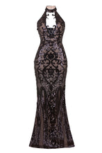 Load image into Gallery viewer, NAZZ COLLECTION MAJESTY LUXE BLACK NUDE KEYHOLE VICTORIAN SEQUIN ILLUSION MAXI DRESS