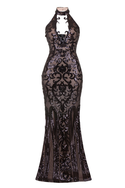 NAZZ COLLECTION MAJESTY LUXE BLACK NUDE KEYHOLE VICTORIAN SEQUIN ILLUSION MAXI DRESS