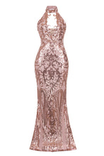 Load image into Gallery viewer, NAZZ COLLECTION MAJESTY ROSE GOLD NUDE KEYHOLE VICTORIAN SEQUIN ILLUSION MAXI DRESS