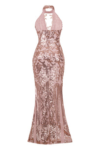 NAZZ COLLECTION MAJESTY ROSE GOLD NUDE KEYHOLE VICTORIAN SEQUIN ILLUSION MAXI DRESS