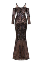 Load image into Gallery viewer, NAZZ COLLECTION VIENNA BLACK LUXE TRIBAL VIP ILLUSION SEQUIN MERMAID MAXI DRESS
