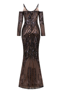 NAZZ COLLECTION VIENNA BLACK LUXE TRIBAL VIP ILLUSION SEQUIN MERMAID MAXI DRESS