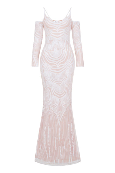 NAZZ COLLECTION VIENNA WHITE NUDE TRIBAL VIP ILLUSION SEQUIN MERMAID MAXI DRESS