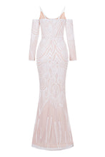 Load image into Gallery viewer, NAZZ COLLECTION VIENNA WHITE NUDE TRIBAL VIP ILLUSION SEQUIN MERMAID MAXI DRESS