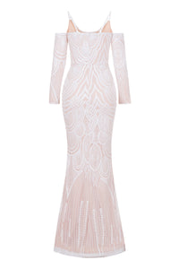 NAZZ COLLECTION VIENNA WHITE NUDE TRIBAL VIP ILLUSION SEQUIN MERMAID MAXI DRESS