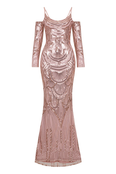 NAZZ COLLECTION VIENNA ROSE GOLD TRIBAL VIP ILLUSION SEQUIN MERMAID MAXI DRESS