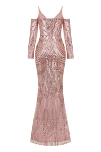 NAZZ COLLECTION VIENNA ROSE GOLD TRIBAL VIP ILLUSION SEQUIN MERMAID MAXI DRESS