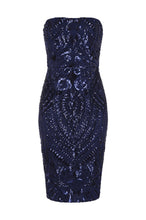 Load image into Gallery viewer, NAZZ COLLECTION CHIC LUXE NAVY BLUE STRAPLESS SEQUIN ILLUSION MIDI PENCIL DRESS