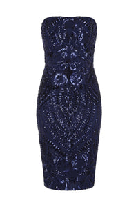NAZZ COLLECTION CHIC LUXE NAVY BLUE STRAPLESS SEQUIN ILLUSION MIDI PENCIL DRESS