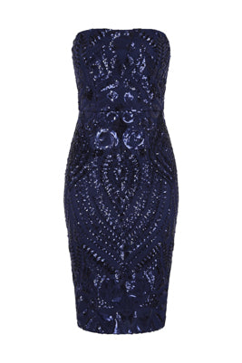 NAZZ COLLECTION CHIC LUXE NAVY BLUE STRAPLESS SEQUIN ILLUSION MIDI PENCIL DRESS