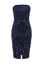 Load image into Gallery viewer, NAZZ COLLECTION CHIC LUXE NAVY BLUE STRAPLESS SEQUIN ILLUSION MIDI PENCIL DRESS