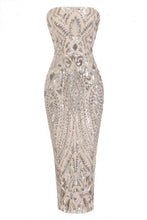 Load image into Gallery viewer, NAZZ COLLECTION CHIC LUXE SILVER NUDE STRAPLESS SEQUIN ILLUSION MIDI PENCIL DRESS