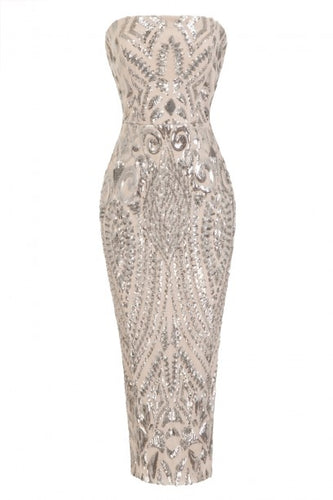 NAZZ COLLECTION CHIC LUXE SILVER NUDE STRAPLESS SEQUIN ILLUSION MIDI PENCIL DRESS