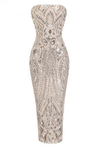 NAZZ COLLECTION CHIC LUXE SILVER NUDE STRAPLESS SEQUIN ILLUSION MIDI PENCIL DRESS