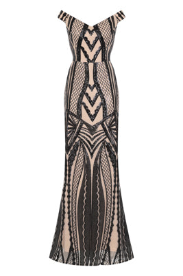 NAZZ COLLECTION LOVE AFFAIR LUXE BLACK NUDE ILLUSION SEQUIN BARDOT MERMAID MAXI DRESS